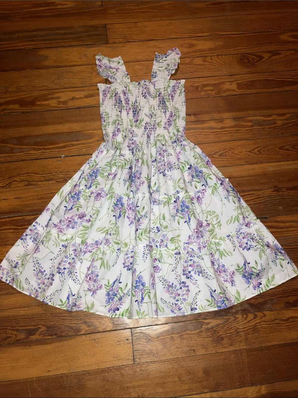 Hill House White Nap dress with Purple Floral and Green Leaf Print